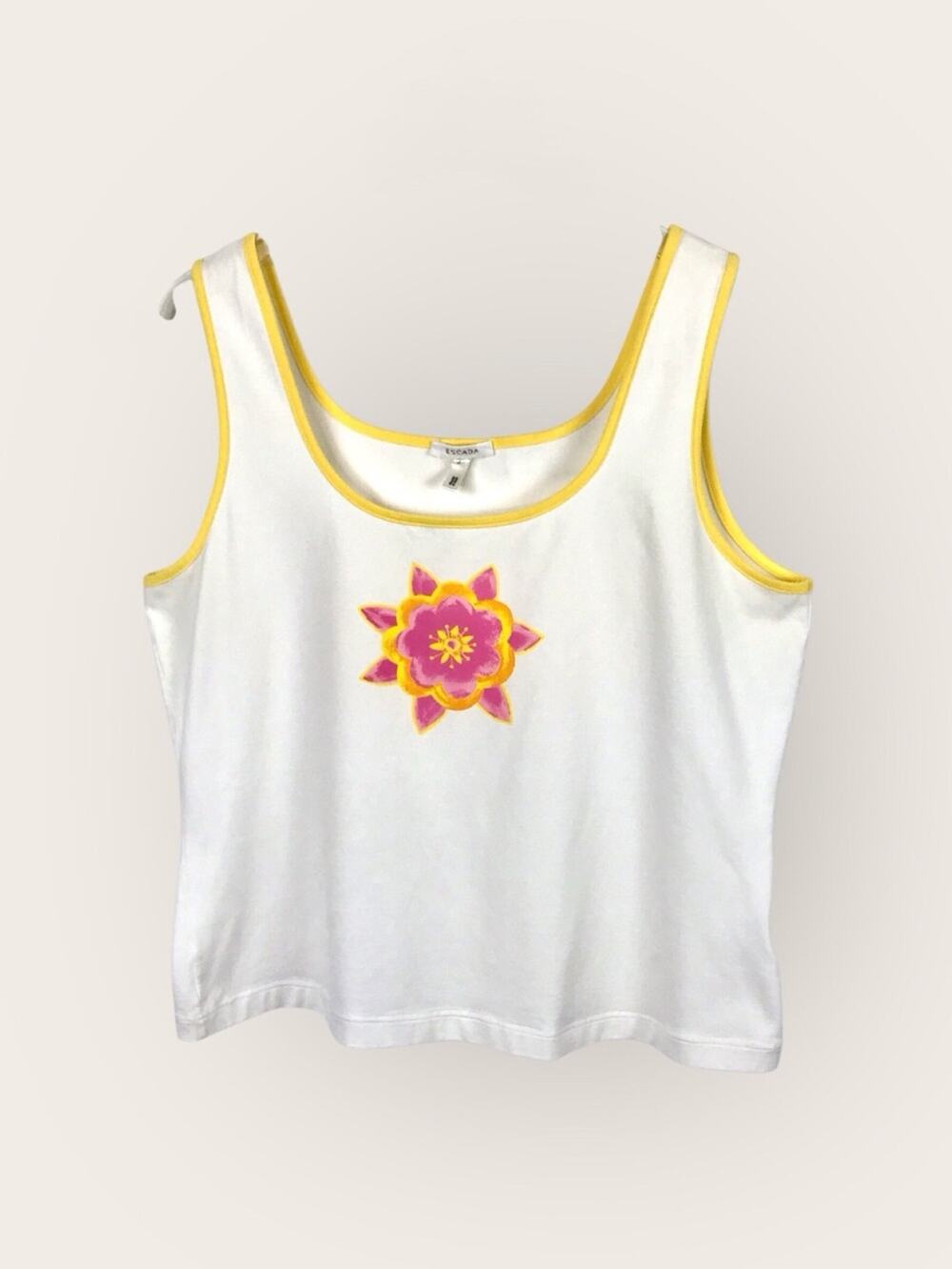 Escada White Tank Top Pink Flower Star Motif with Yellow Trim